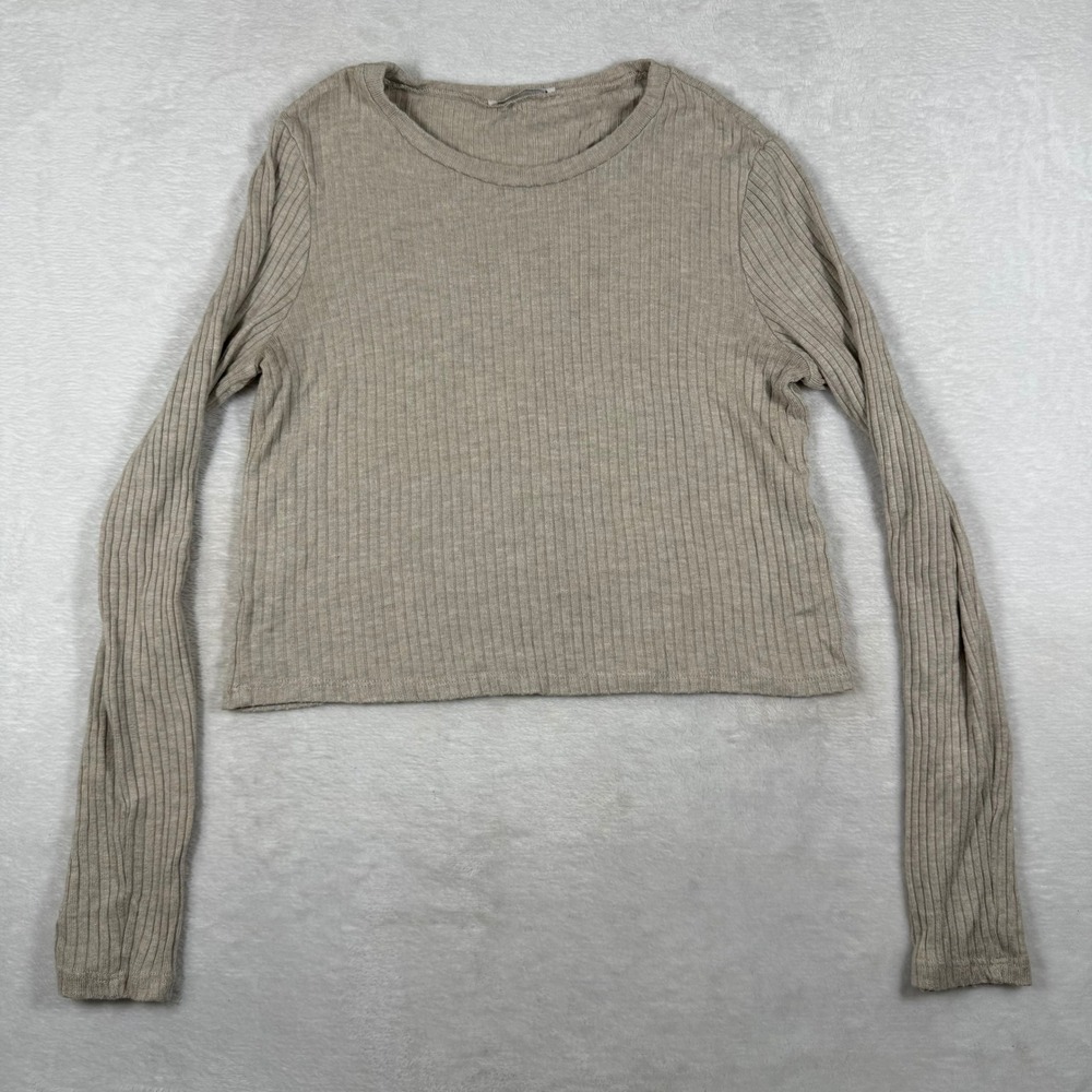 Reformation Womens Small Tan Ribbed Knit Long Sleeve Cropped Top Tencel Modal